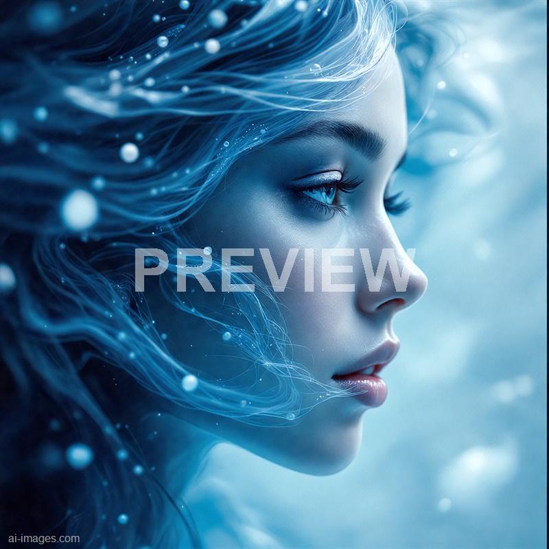 A highly detailed digital artwork features a close-up profile of a woman's face with a serene expression, her skin smooth and luminous. Her flowing hair appears to be intertwined with glowing, swirling blue lines and particles, creating an ethereal and otherworldly atmosphere. The background is softly blurred, emphasizing her features and the luminous elements of her hair, giving the image a futuristic and fantasy-like quality.